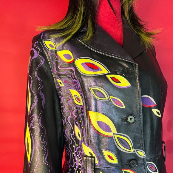 Upcycled Abstract Neon Leather Jacket – Hand-Painted Festival & Street Style - Picture 1 of 12